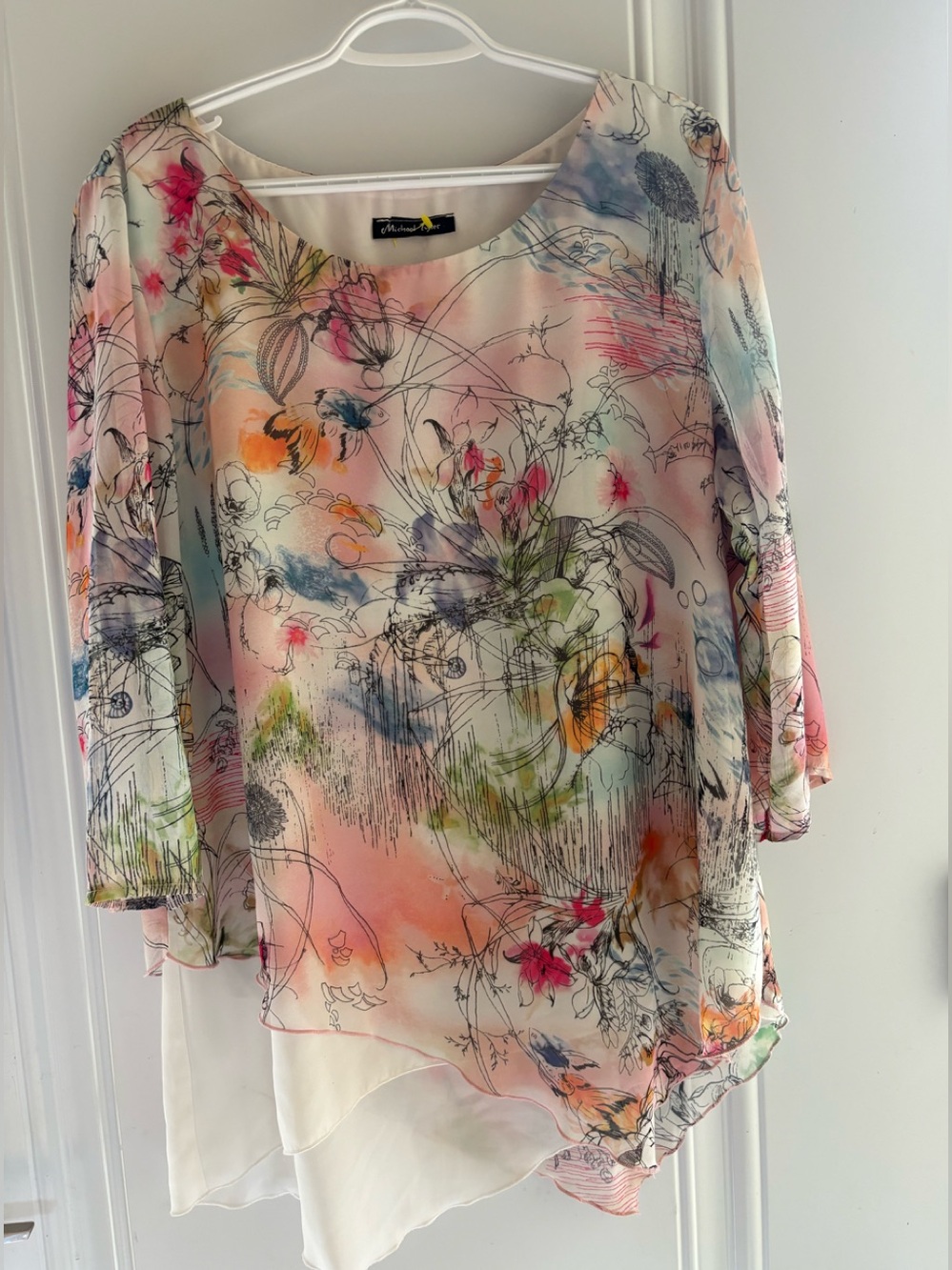 Michael Tyler Pastel Floral Sheer Asymmetrical Blouse in Size XL